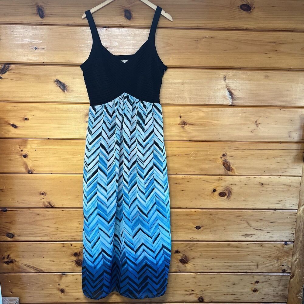 Bethany Ladies Beautiful Blue, Black Sleeveless V-Neck Maxi Dress - Size XL